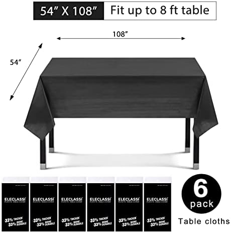 Eleclassi Black 6 Pack Premium Plastic Tablecloths 54x108in