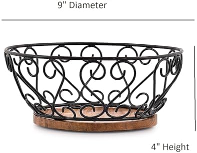 EDHAS Iron Fruit Bowl With Wooden Base 9x9x4 Inches