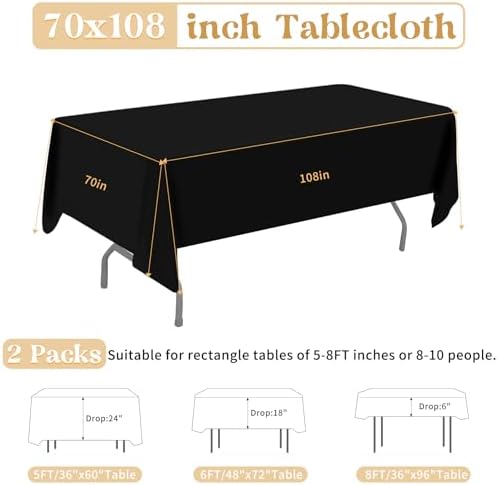 2 Pack Black Rectangle Tablecloths 70x108 Inch Washable Outdoor Use