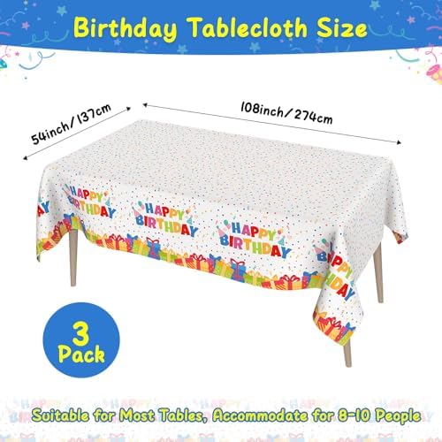 3 Pack Birthday Tablecloths for Kids 54x108 Inch Waterproof Rectangle Party Covers