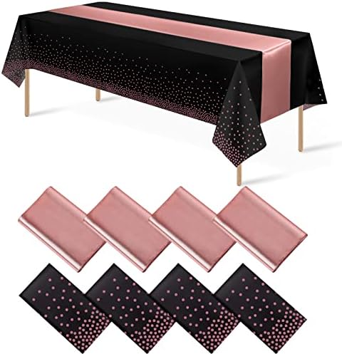 8 Pack Disposable Plastic Tablecloths and Satin Table Runner Set Black Rose Gold Dot Wedding Party Decor
