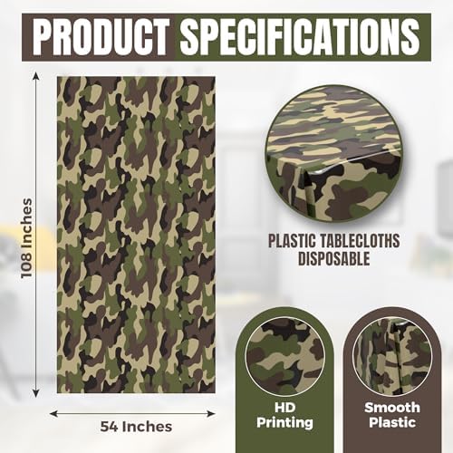 5 Pack Premium Camo Plastic Tablecloth - 108 x 54 in