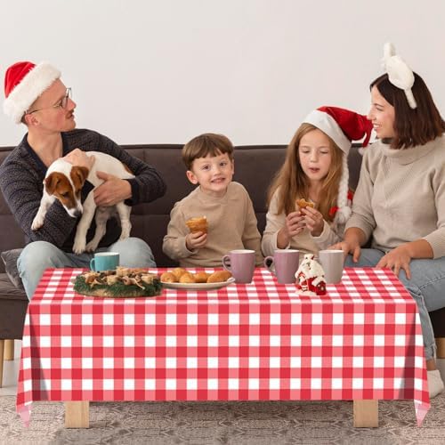 4 Pack Red Gingham Tablecloth 54x108 Inches Checkered Disposable Plastic Tablecovers for Parties Events