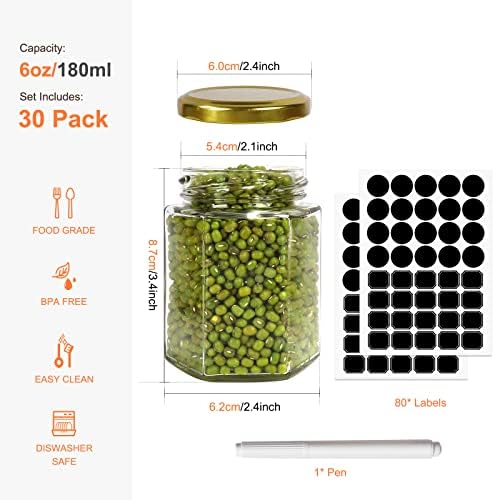Betrome 30 Pack 6oz Hexagon Glass Jars with Gold Lids