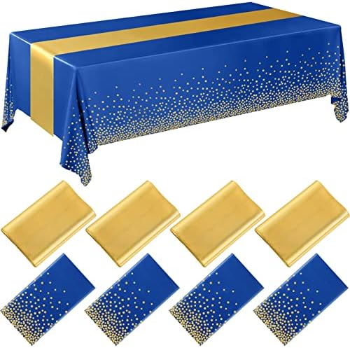 Breling 8 Pack Navy Blue Gold Tablecloths and Satin Runner Set