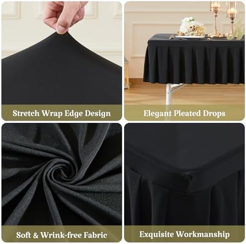 1 Pack Black Spandex Tablecloth for 6 Foot Rectangle Table with Pleated Skirt