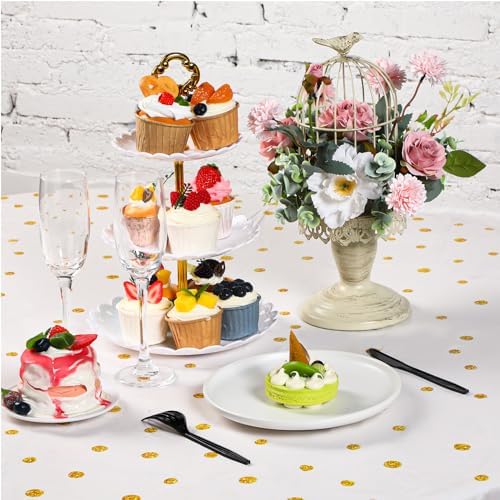 Newwiee 84 Inch Round Dot Tablecloth 3 Pcs White Gold Dots