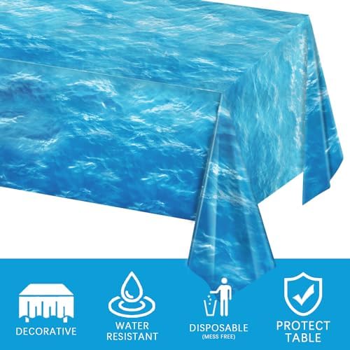 3 Piece Ocean Waves Tablecloth 54x108 Inch Water Print Plastic Table Cover for Beach Pool Party Decor