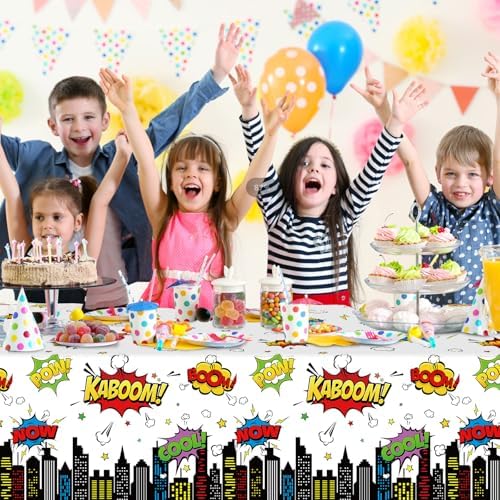 3Pcs Hero Themed Birthday Tablecloths 54x108 Inch Disposable Plastic Table Covers for Kids Party Decorations