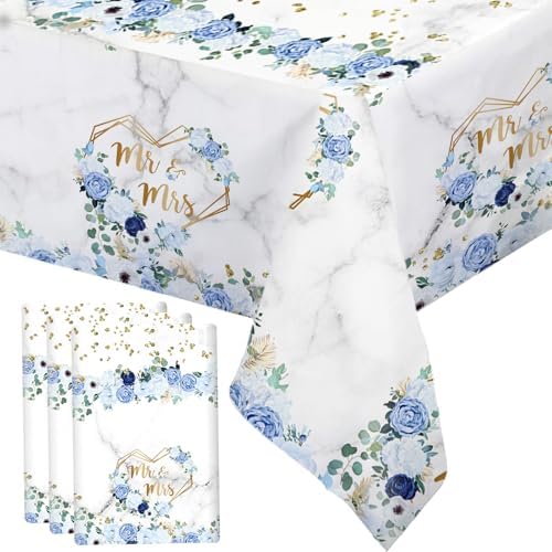 MEHOFOND 3pcs Blue Mr Mrs Tablecloths Floral Wedding Party Decor 108 x 54 Inch