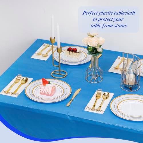 Goodluck 54 Inch X 300 Feet Plastic Tablecloth with Cutter Box Blue Disposable Table Cover Roll