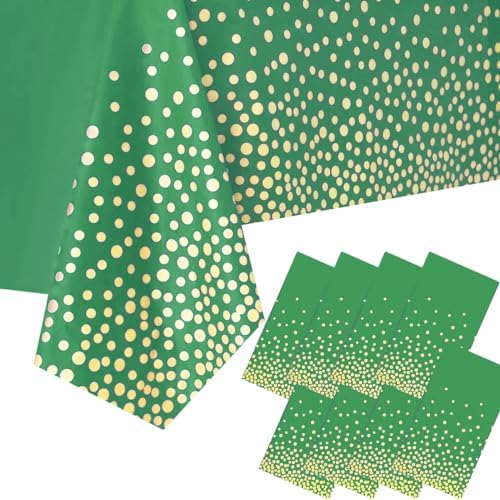 8 Piece Green and Gold Plastic Tablecloth 54x108 Inch