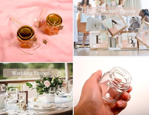 Adabocute Honey Pot 2oz Mini Glass Jars with Wood Dipper Gold Lid Bee Pendants Beige Gift Bags 15 Pack