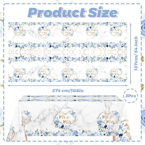 MEHOFOND 3pcs Blue Mr Mrs Tablecloths Floral Wedding Party Decor 108 x 54 Inch