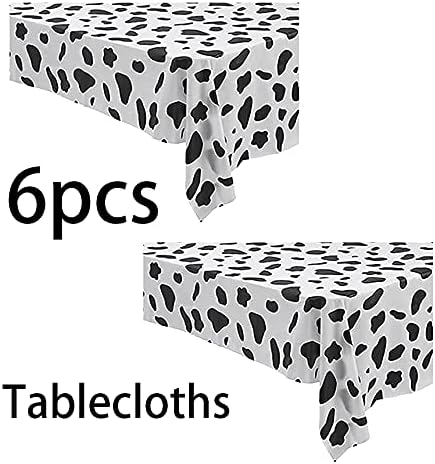 6 Pack Disposable Black and White Cow Print Plastic Tablecloth 108x54 Inches