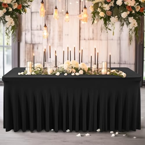 Wish Care 2 Pack Black Spandex Tablecloths - Fitted 6ft Rectangle for Events