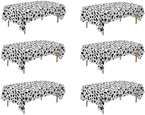 6 Pack Disposable Black and White Cow Print Plastic Tablecloth 108x54 Inches