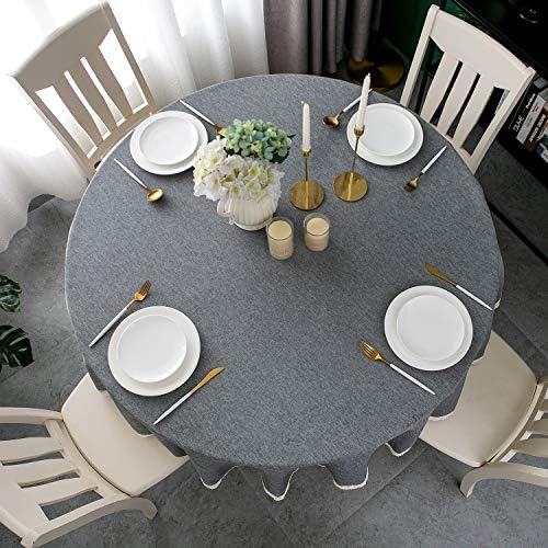 EHouseHome Faux Linen Tablecloth with Lace Trim - 70 Inch Grey Waterproof Spill Proof