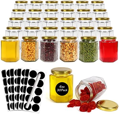 Betrome 30 Pack 6oz Hexagon Glass Jars with Gold Lids