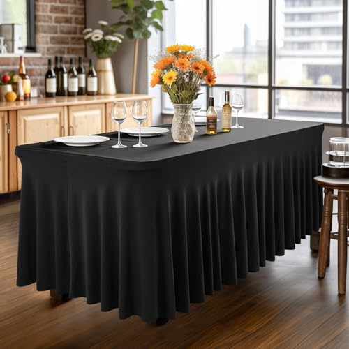 Wish Care 2 Pack Black Spandex Tablecloths - Fitted 6ft Rectangle for Events