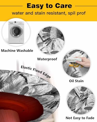Grey Tropical Leaf Round Waterproof Table Cover Fitted Tablecloth