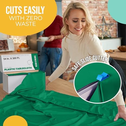 Exquisite Emerald Green 54x300 Plastic Table Cover Roll with Slide Cutter