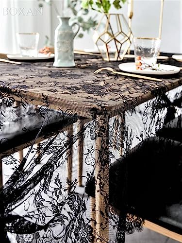BOXAN Vintage Rose Embroidered Black Lace Tablecloth Overlay - 120 x 60 Rectangular