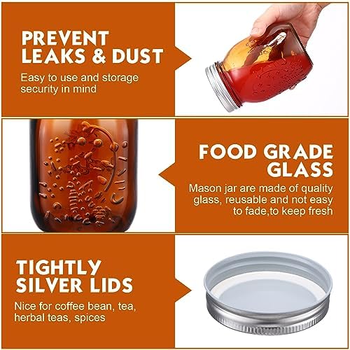 Yaomiao 12 Pack Amber Glass Jars 16 oz with Airtight Lids