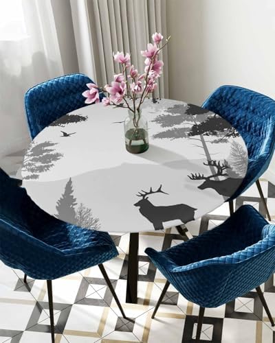 Foggy Forest Elk Round Waterproof Table Cover Fitted Tablecloth