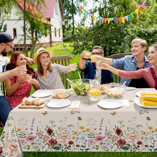 6 Pcs Spring Floral Tablecloth Butterfly Wildflower Plastic Disposable Tablecloths for Easter Birthday Wedding Parties