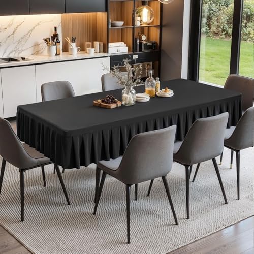 1 Pack Black Spandex Tablecloth for 6 Foot Rectangle Table with Pleated Skirt