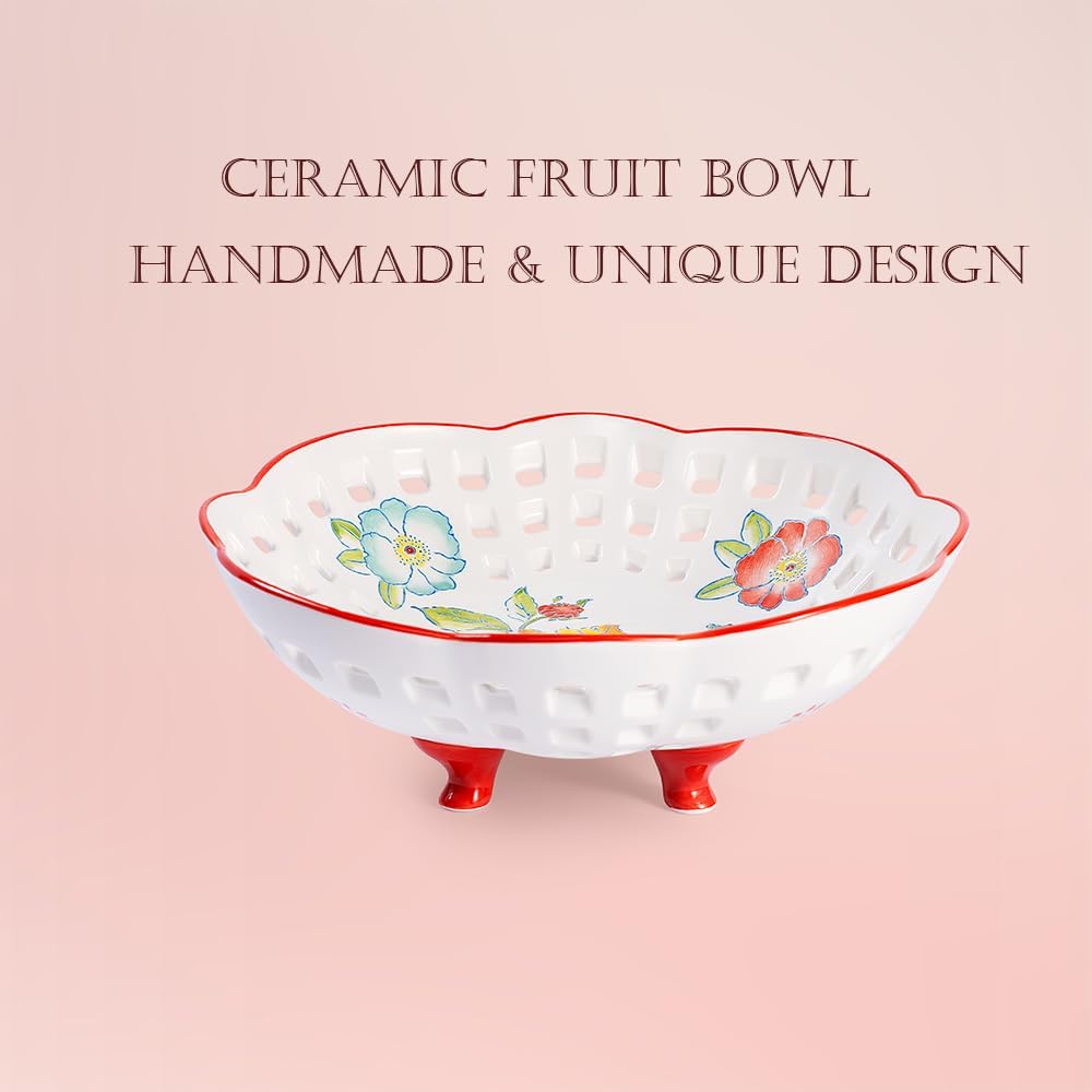 Ceramic Fruit Bowl with 4 Legs 10 Inch Large Bowl for Home Decor