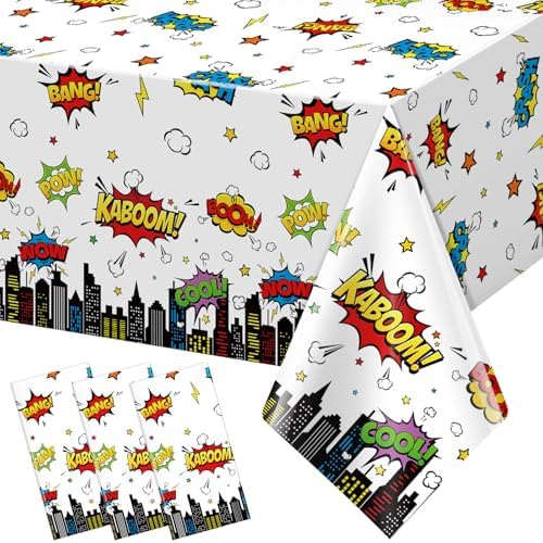 3Pcs Hero Themed Birthday Tablecloths 54x108 Inch Disposable Plastic Table Covers for Kids Party Decorations