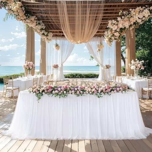 White Tulle Tablecloth with Skirt for 6 Foot Tables
