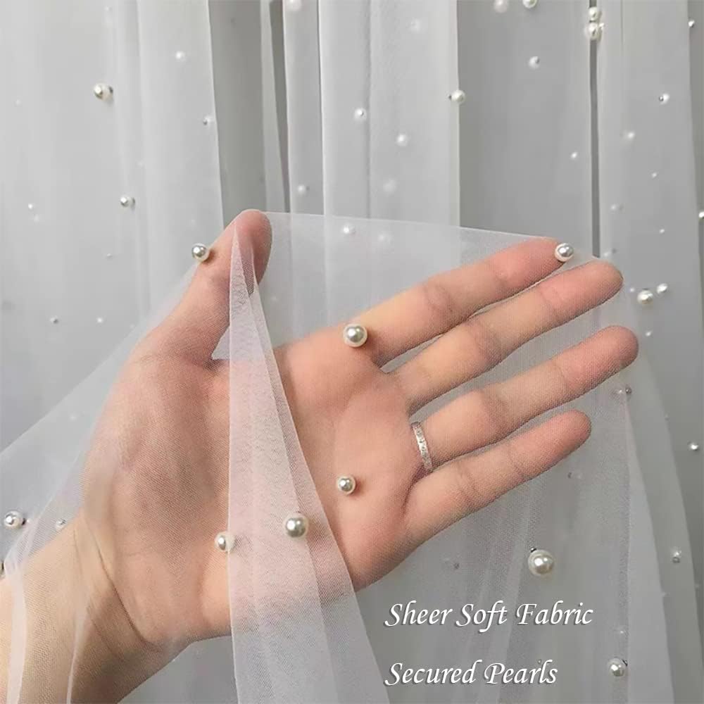 TIMECOSY White Pearl Tulle Tablecloths 6 Pieces 10ft Veil for Wedding
