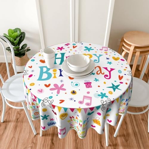 Happy Birthday Round Tablecloth 60 Inch Colorful Cake Balloons Cover