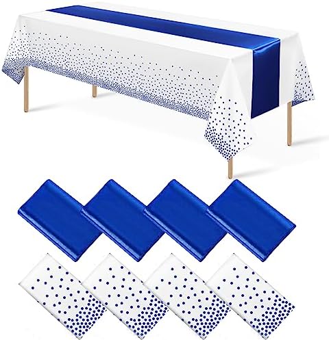 8Pack Disposable Plastic Tablecloths and Satin Table Runner with White and Royal Blue Dots for Occasions