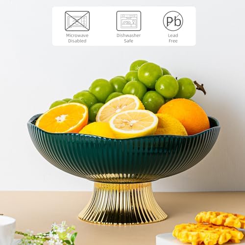 Ceramic Fruit Bowl with Golden Feet 10 Inch Pedestal Design