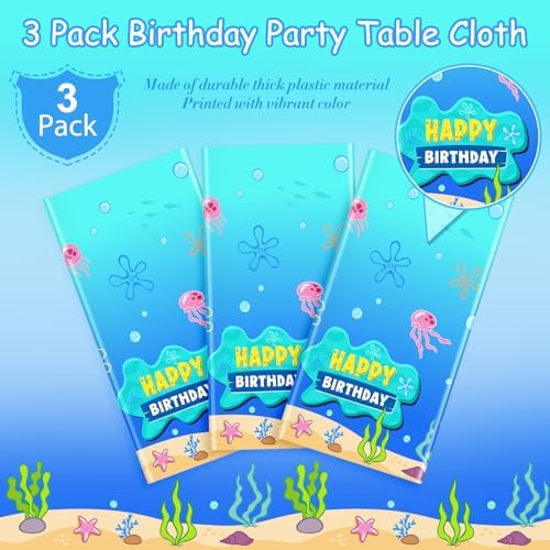 3 Pcs Blue Ocean Birthday Tablecloth Decorations for Rectangle Tables