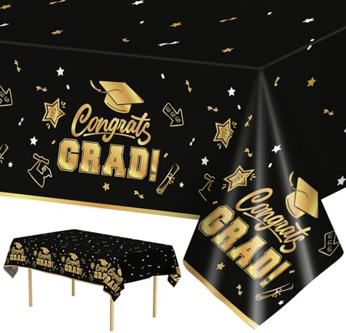 2 Pack Graduation Tablecloths - Black Gold Class of 2025 Decorations