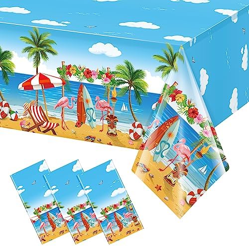 3 Pack Summer Beach Plastic Tablecloths with Hawaiian Design