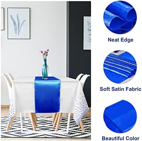 8Pack Disposable Plastic Tablecloths and Satin Table Runner with White and Royal Blue Dots for Occasions