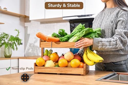 2-Tier Acacia Wood Fruit Basket Large Capacity Bowl Organizer