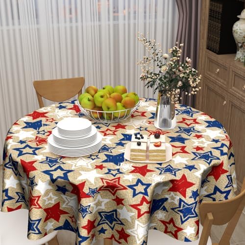 American Blue and Red Star Round Tablecloth 60 Inch Patriotic Table Cover for 4th of July Celebrations