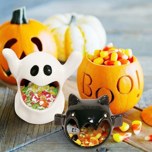2 Pack Halloween Candy Bowls with Ghost and Bat Designs