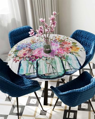 Floral Pattern Waterproof Round Table Cover for Indoor Outdoor Use