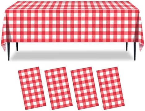 4 Pack Red Gingham Tablecloth 54x108 Inches Checkered Disposable Plastic Tablecovers for Parties Events