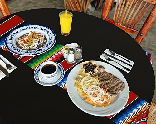 Oudain 6 Pcs Mexican Fiesta Tablecloth 84 Inch Striped Plastic Round Tablecover for Wedding and Party Decorations Black