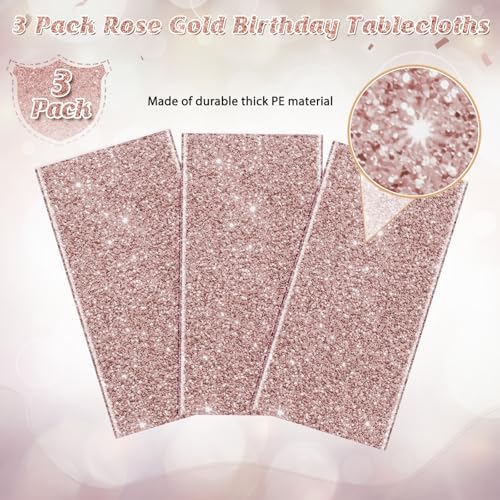 3 Pack Pink Rose Gold Birthday Tablecloths 54x108 Inch