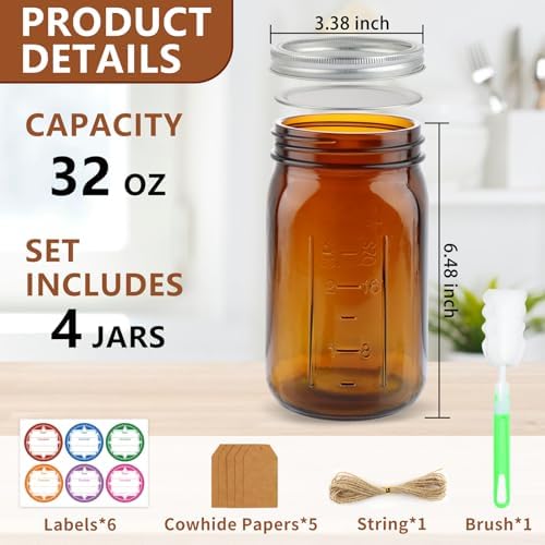 CARBLIN 4 Pack 32 Oz Amber Canning Jars with Airtight Lids